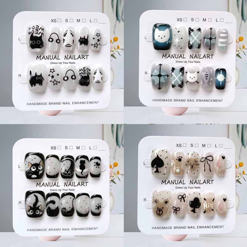 Nail Art Eye Cat - เล็บปลอมลายการ์ตูนแมวน่ารัก 10 ชิ้น สีดำ น้ำเงิน เทา