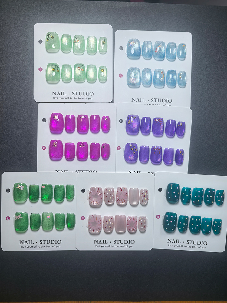 Nail Art Eye Cat - เล็บปลอมแบบกดติดลายตาแมว 10 ชิ้น, เล็บปลอมทรงสี่เหลี่ยมสั้น พร้อมลายเชอร์รี่ ปลาทอง
