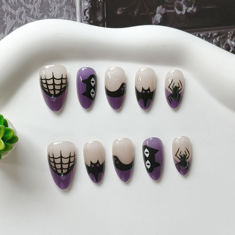 Nail Art Eye Cat - 10 ชิ้น เล็บปลอมสำหรับผู้หญิง ธีมปาร์ตี้ฮาโลวีน ลายแมวสีม่วงดำ ผิวหยาบแบบตาแมว