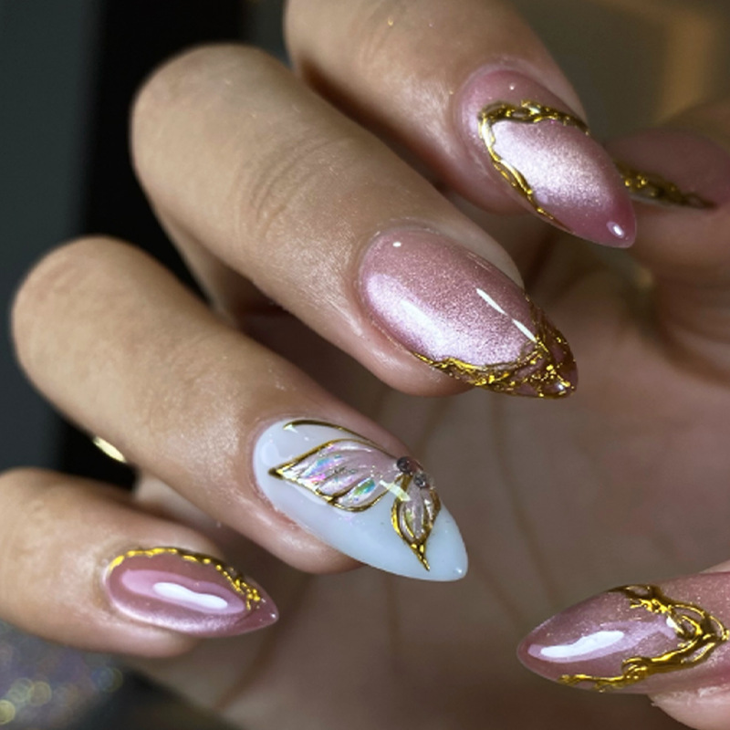 Nail Art Full Cat Eye - เล็บปลอมทรงอัลมอนด์ลายผีเสื้อสีทองแบบฝรั่งเศสเรียบง่าย ติดง่าย ปิดเต็มเล็บ อะคริลิคทรงอัลมอนด์สำหรับตกแต่งเล็บ