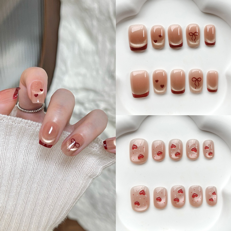 Nail Art Eye Cat - 10 ชิ้น สติ๊กเกอร์ติดเล็บลายฝรั่งเศส น่ารักหวานๆ แบบกดติด ผงบลัชออน