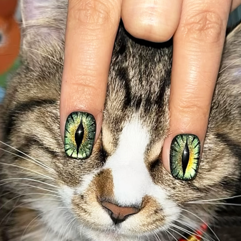 Nail Art Full Cat Eye - เล็บปลอมสั้นสำหรับผู้หญิง แบบมีประกายวิบวับ ลายตาแมว เงางาม ปลายเล็บทรงเหลี่ยม ปิดเต็มเล็บ