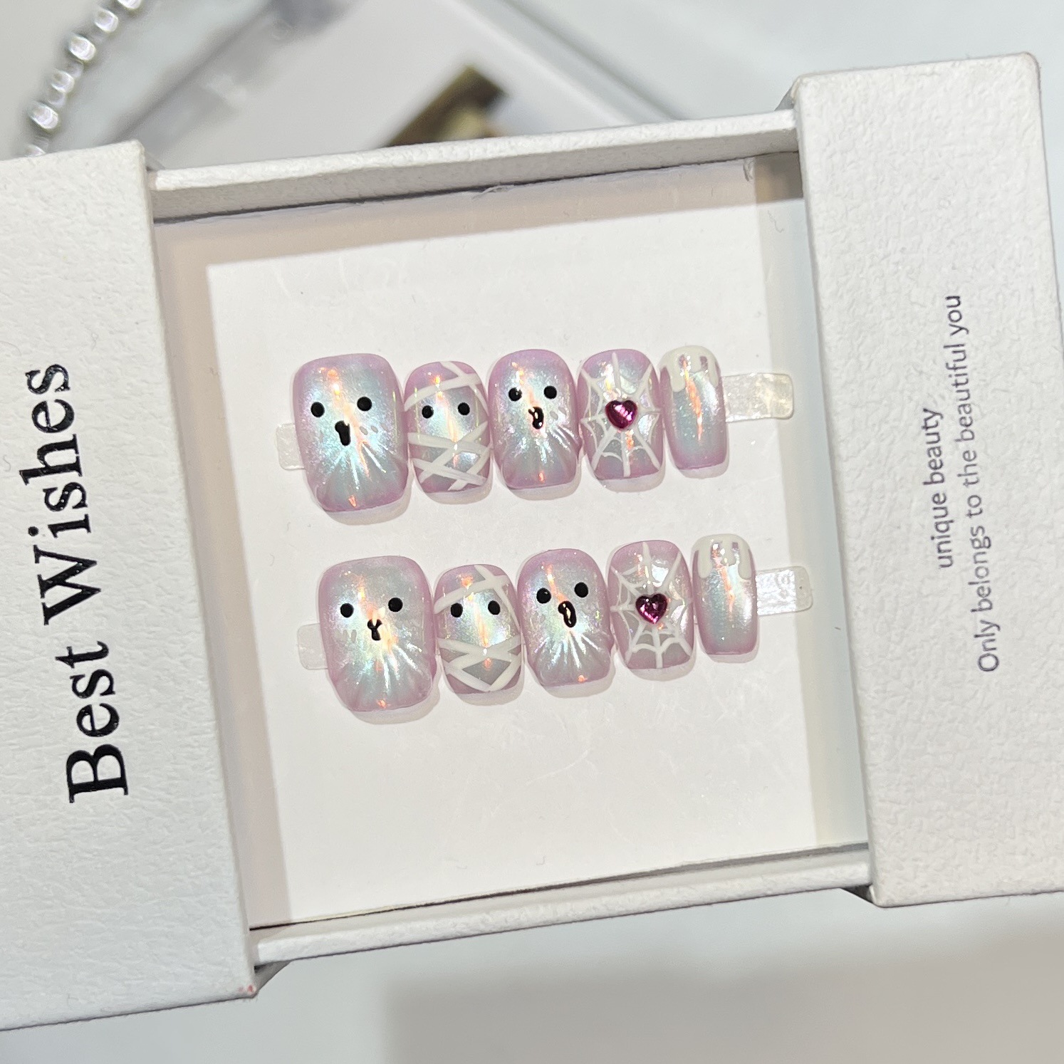 Nail Art Full Cat Eye - เล็บปลอมแบบกดติด 10 ชิ้น งานแฮนด์เมด ลายตาแมววิ้งๆ ดีไซน์ผีการ์ตูนฮาโลวีน