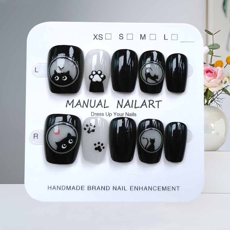 Nail Art Eye Cat - เล็บปลอมลายการ์ตูนแมวน่ารักสีดำและโบว์สีชมพู 10 ชิ้น ทำมือ กดติดเล็บ หัวเหลี่ยม